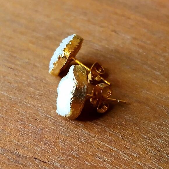White Druzy Stud Earrings, Gold Posts, Boho Crystal Quartz - Picture 3 of 4